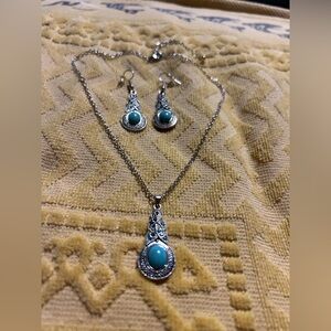 Silver-Tone Teardrop Necklace & Earrings Set with Turquoise Stone